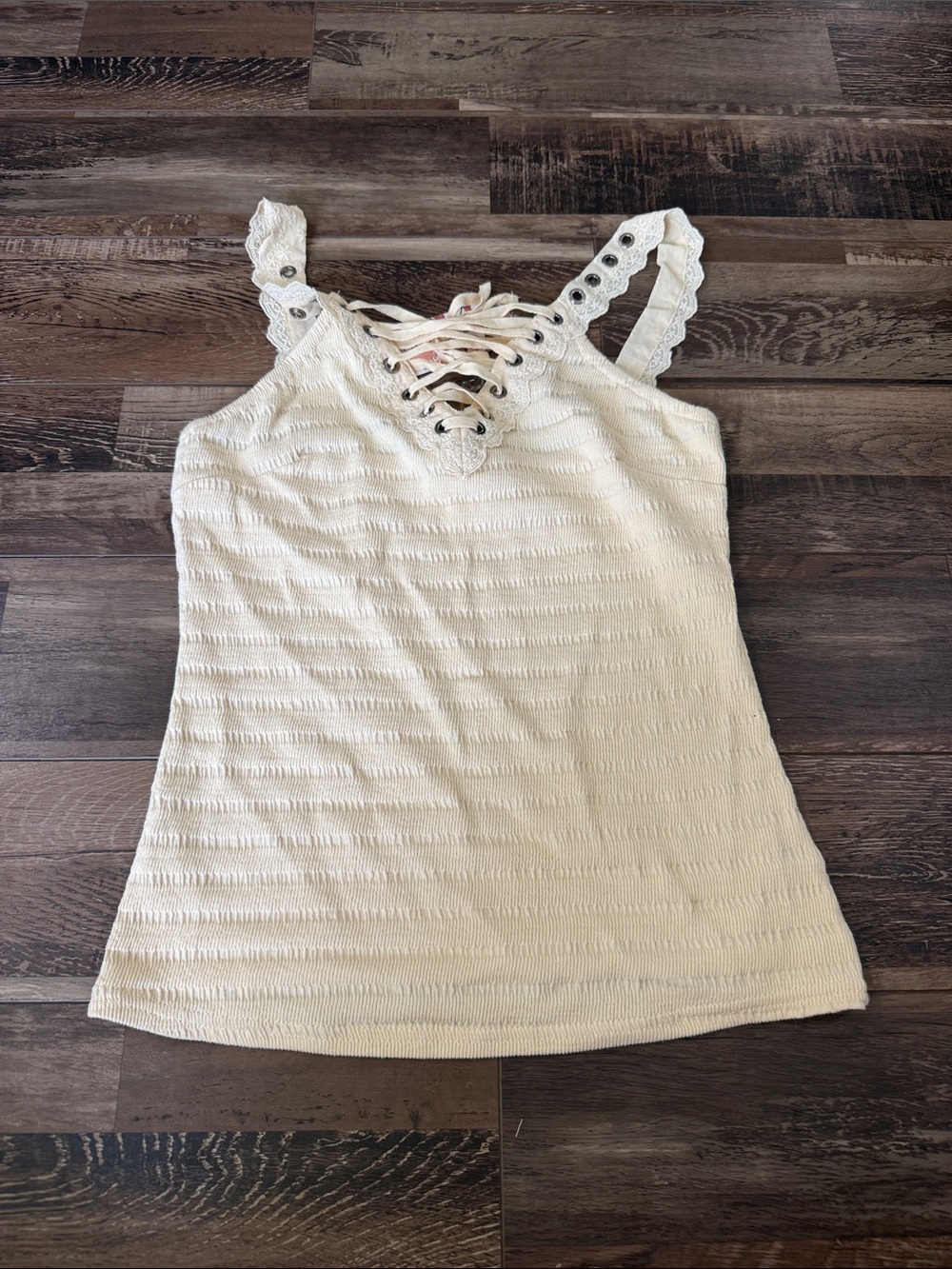 gimmicks by BKE Cream Lace-Up Eyelet Tank